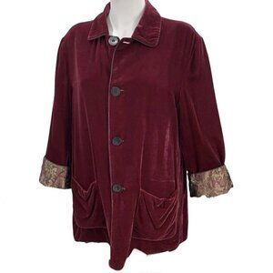 Velvet Burgundy Reversible Baroque Front Button Cardigan Smoking Jacket Women L